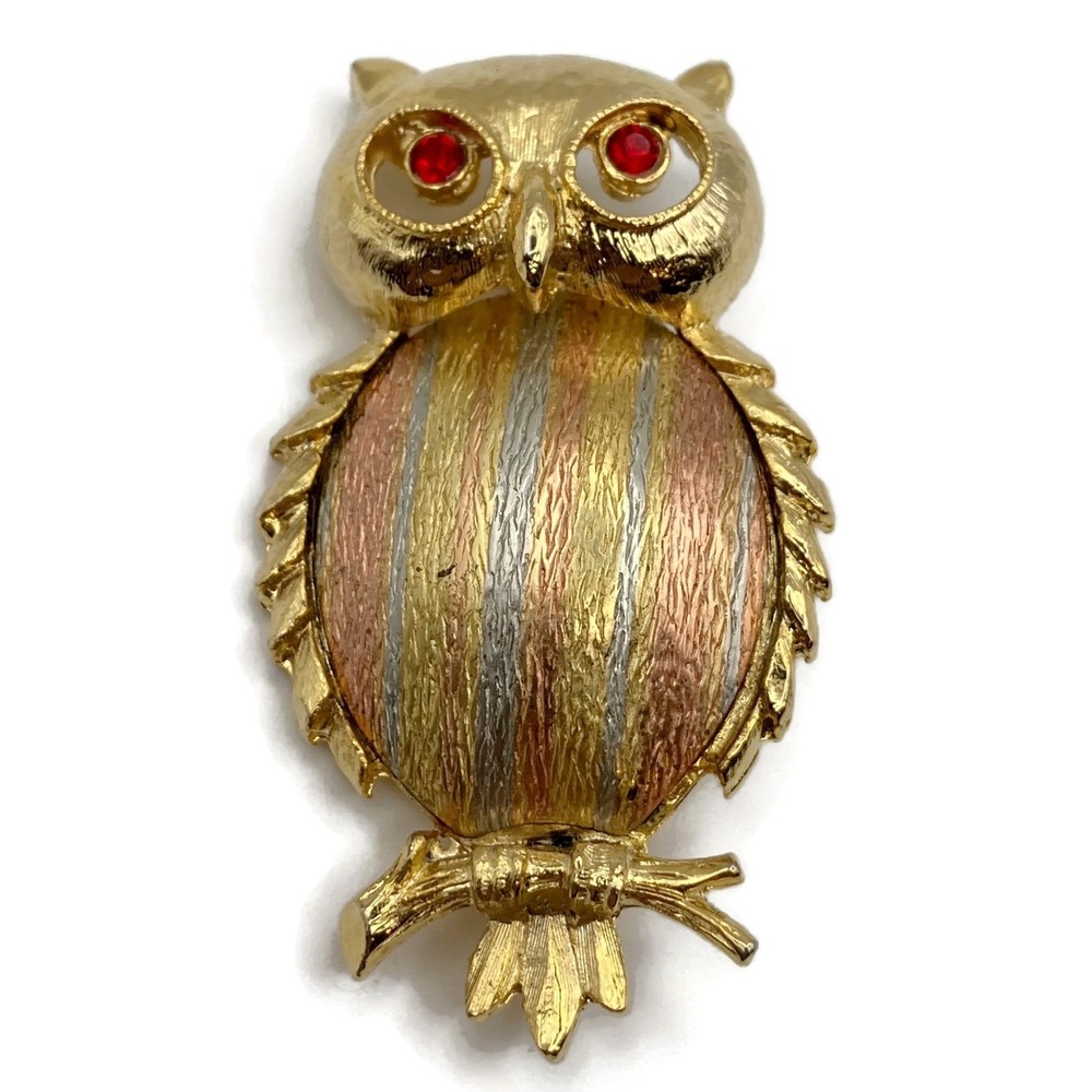 Vintage JJ Owl Brooch Pin Tricolor Belly Bird Figural Jewelry Collectible